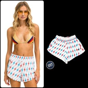 Aviator Nation White and Red Lightning Athletic Shorts